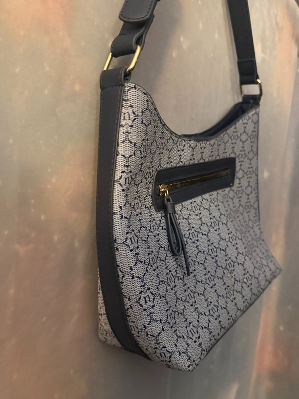 Nanette Lepore Navy & Gray Monogram Hobo Shoulder Bag Purse Gold Hardware